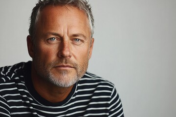 Obraz premium A close-up portrait of a mature man with a serious expression, wearing a striped shirt.