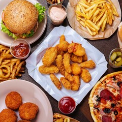 ハンバーガーとフライドチキンとフレンチフライなどのジャンクフードパーティー