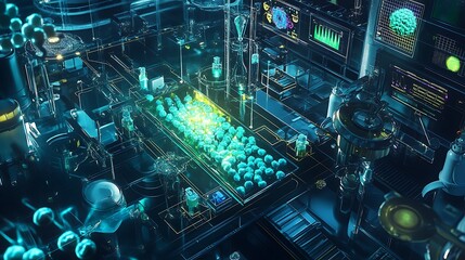 Fototapeta premium Futuristic laboratory scene with automated pill production line, glowing green pills, advanced technology, and digital interfaces.
