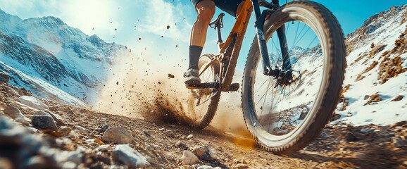 Mountain biker rides rocky trail, snow-capped mountains background. Action sports
