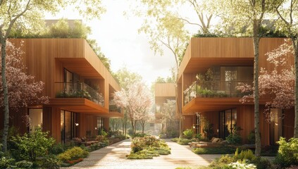 Fototapeta premium Serene Modern Residential Architecture Surrounded by Lush Greenery and Blossom Trees in a Peaceful Urban Environment