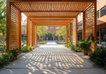 Serene Outdoor Walkway Surrounded by Lush Greenery and Unique Architectural Design Featuring Wooden Lattice Structures Casting Interesting Shadows on Smooth Pathway