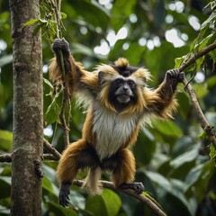 Naklejka premium A tamarin monkey with golden fur swinging on a vine in the Amazon.