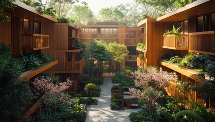 Fototapeta premium Serene Urban Oasis: Lush Greenery Surrounds Modern Architecture in Tranquil Courtyard with Flourishing Plants and Blossoming Trees for Peaceful Living Environment