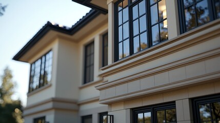 Obraz premium House exterior; windows, trees seen behind; architectural stock image