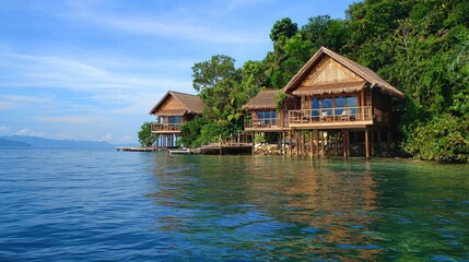 Obraz premium A luxurious eco-friendly resort with overwater bungalows surrounded by pristine waters,