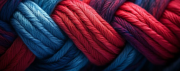 A closeup of interwoven red and blue braided yarn, showcasing the soft texture and detailed strands, perfect for a vibrant and intricate design, photorealistic