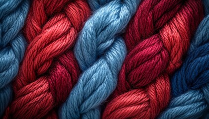 A detailed closeup of red and blue braided yarn, highlighting the interwoven strands and soft, textured appearance, ultrarealistic and intricately woven