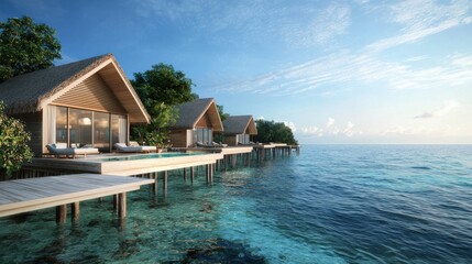 A luxurious eco-friendly resort with overwater bungalows surrounded by pristine waters,