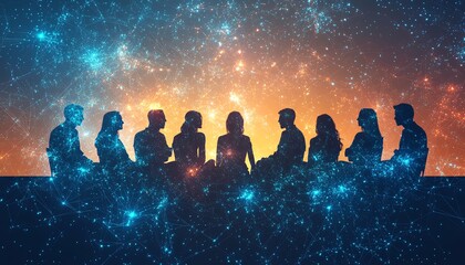 Silhouettes of individuals seated, with intricate neural connections and abstract human profiles, symbolizing advanced communication and technology, dynamic design