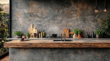 Kitchen with wood counter, cooking pots, herbs, and trees visible outside