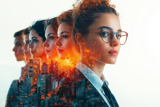 A group of diverse business professionals in formal wear standing together with a multiple exposure effect of a cityscape, representing teamwork and corporate success on a white background.