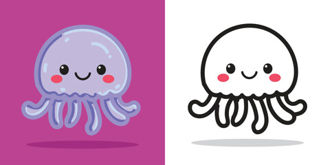 A cute jellyfish doll cartoon illustration for sticker, design element, or coloring book element