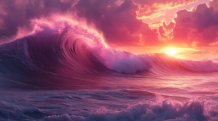 Majestic sunset over vibrant ocean waves crashing against the shore, creating a serene atmosphere