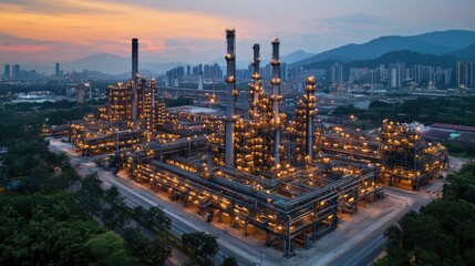 Obraz premium Aerial view of an industrial complex with smokestacks and illuminated structures at sunset.