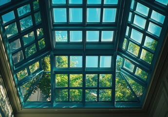 Stunning Glass Ceiling View Overlooking Lush Greenery with Sunlight Lighting Up the Spaces Between the Glass Panels in a Modern Architectural Design