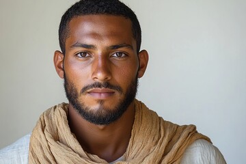 Obraz premium A portrait of a young man with a beard, wearing a scarf, against a neutral background.