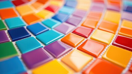 Material resources appearance concept. Colorful mosaic tiles arranged in an eye-catching pattern, showcasing vibrant hues and artistic design.