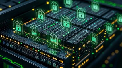 Obraz premium Isometric design showing a secure medical server room with locked health records and glowing symbols for privacy, encryption, and patient safety