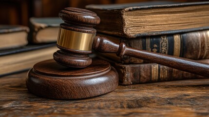 Wooden gavel resting on a table surrounded by antique law books in a cozy library setting