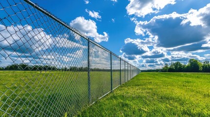 Chain Link Fence Under a Blue Sky with Fluffy Clouds