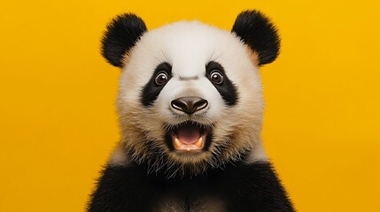 Fototapeta premium Excited panda portrait studio animal photography yellow background