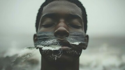 A dark-skinned maleâ€™s silhouette layered with crashing ocean waves in double exposure, symbolizing strength and emotional depth.
