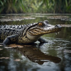 Obraz premium A spectacled caiman in a swamp with exotic birds flying overhead.