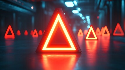 Glowing Red Triangular Warning Lights In Futuristic Corridor