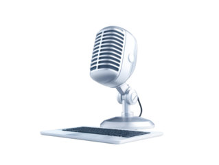 Professional microphone positioned on modern laptop for highquality audio recording and podcasting