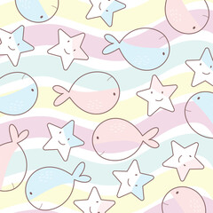 Vector illustration of cartoon dolphin pattern, cute starfish