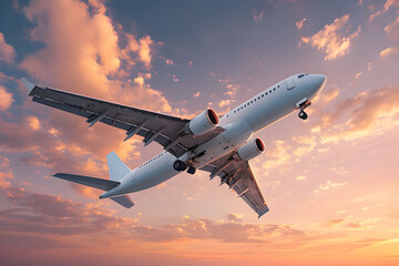 노을지는 하늘을 날고 있는 항공기