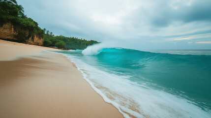 Obraz premium Tropical Sandy Beach with Soft Blue Ocean Waves and Clear Water 