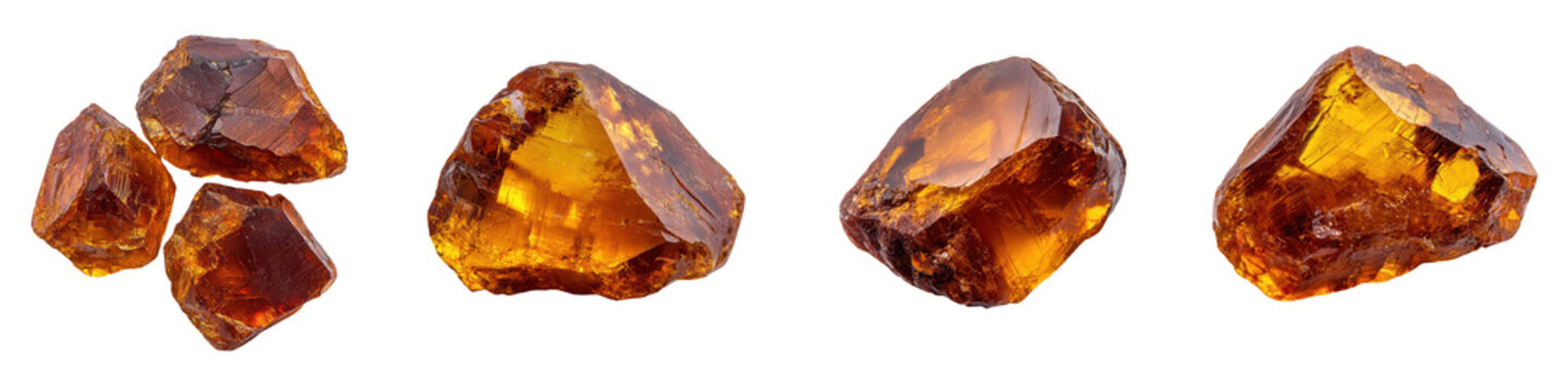 Closeup of raw unpolished amber gemstone crystals in various natural formations and shapes  The fossilized organic resin has a warm earthy brown and gold color palette with a translucent