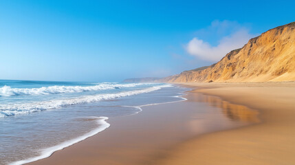 Fototapeta premium Tropical Sandy Beach with Soft Blue Ocean Waves and Clear Water 