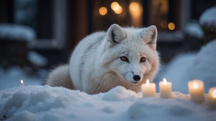 Obraz premium A white fox surrounded by candles in a snowy landscape, creating a serene atmosphere.