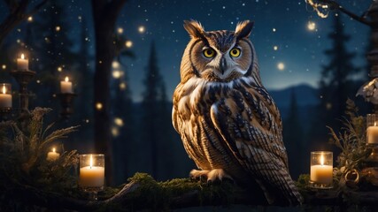 A majestic owl perched among candles in a serene, forested night setting.