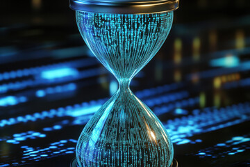 A futuristic hourglass with binary code and data instead of sand