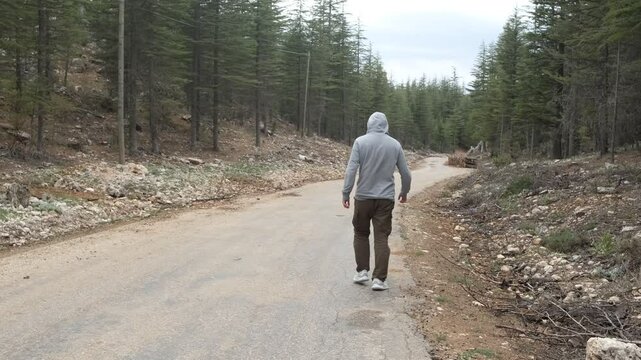 Hitchhiking on asphalt road in forest