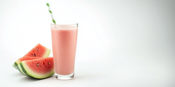 fresh watermelon smoothie in a glass with a straw isolated on a white background with copy space