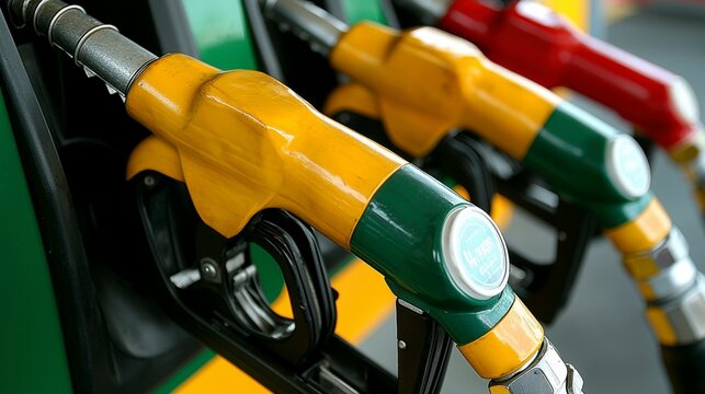 A gas station attendant performing routine maintenance on fuel pumps, adjusting nozzles, and ensuring everything is in working order, with the bright daylight reflecting off the pumps.