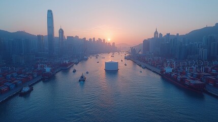 Fototapeta premium A wide shot of the Tsing Yi port in Hong Kong, featuring a large oil storage tank surrounded by shipping containers and industrial facilities, highlighting the busy port environment.