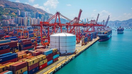Naklejka premium An oil storage tank at the Tsing Yi port, Hong Kong, captured against a backdrop of bustling harbor activities, with ships in the distance and cranes unloading containers.