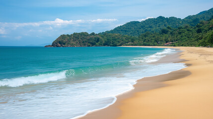 Obraz premium Tropical Sandy Beach with Soft Blue Ocean Waves and Clear Water