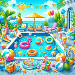 Pool Party Illustrates a fun pool party with inflatables beach b