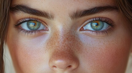 Fototapeta premium Close-up of a young person's striking eyes and freckled skin, showcasing natural beauty and detail.