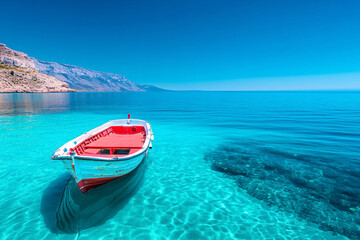 Holzboot auf türkisfarbenem Wasser unter blauem Himmel