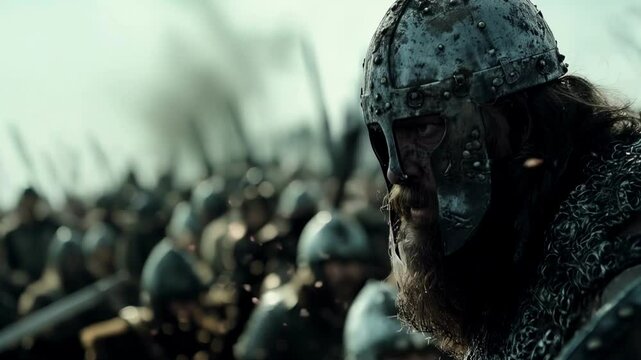 Vikings in battle, wearing chainmail and helmets with long beards holding swords fighting against an army of soldiers with spears and shields