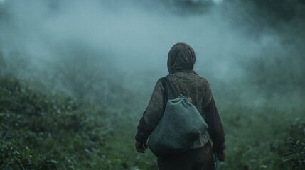Obraz premium A woman wearing a scarf and carrying a bag walks through a forest
