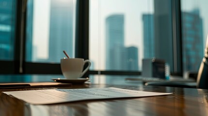 Close-up of Blurred Office Desk with Resignation Letter and Coffee Cup Symbolizing Workforce Reduction